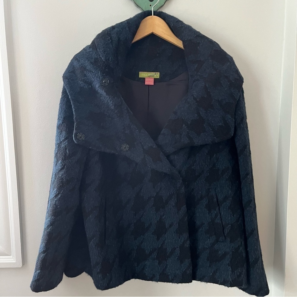 Itala Testino Womens Houndstooth Navy Black Alpaca Wool Coat XL